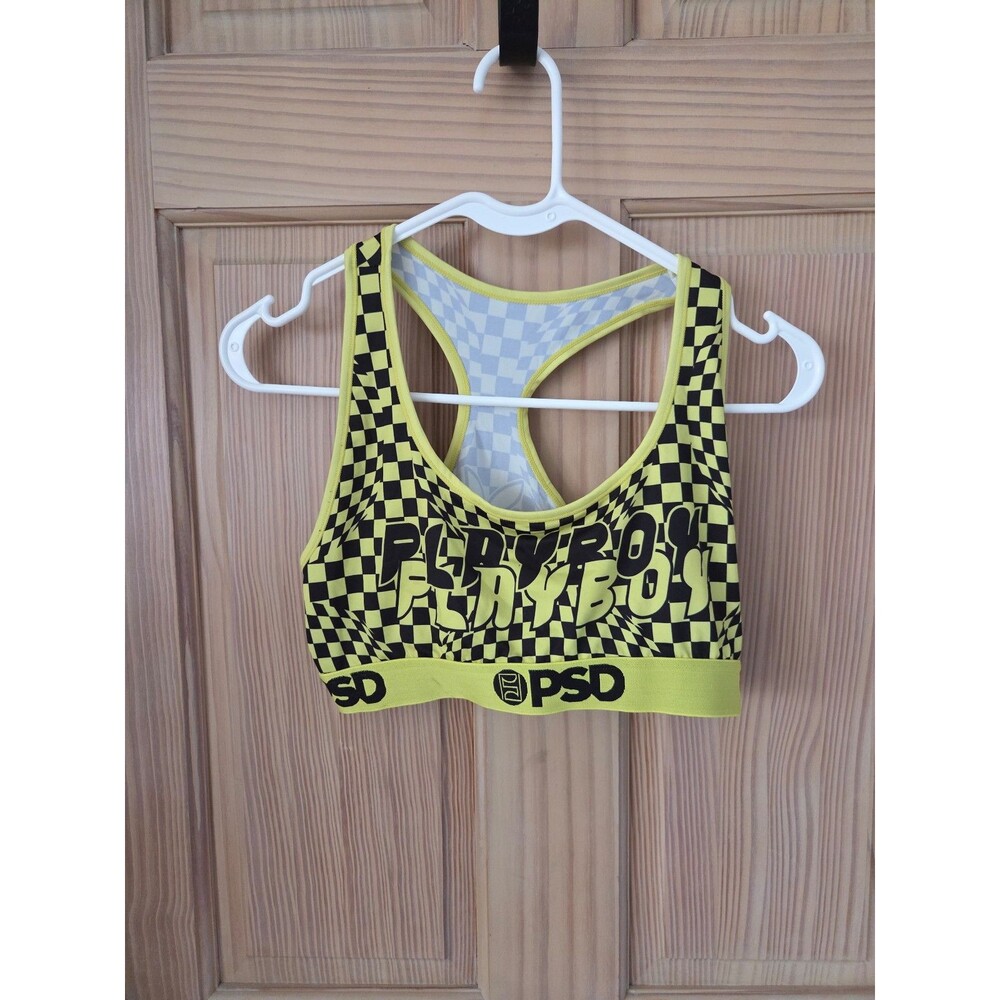 PSD Women's Bunny Logo Sportsbra Yellow Black Checkered Racerback XL